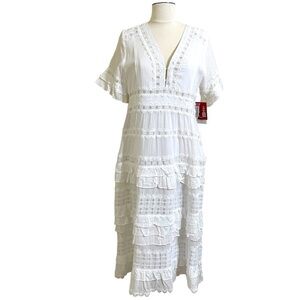 New REBA White Crinkle Cotton Lace Ruffle Bohemian Wedding Midi Maxi Dress Sz 4